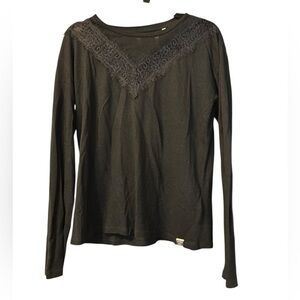 Superdry Black Knit Shirt V Neck Lace Detail Long Sleeve Tee Size 6